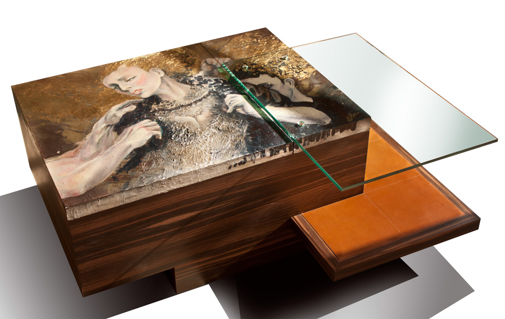table basse mini bar coffee table cuir leather peinture alexandra mas bordeaux maison louis marie vincent fine furniture creation cabinetmaking made in france hand made ebenisterie craftmanship sur mesure ateliers en sarthe villaines sous Malicorne
