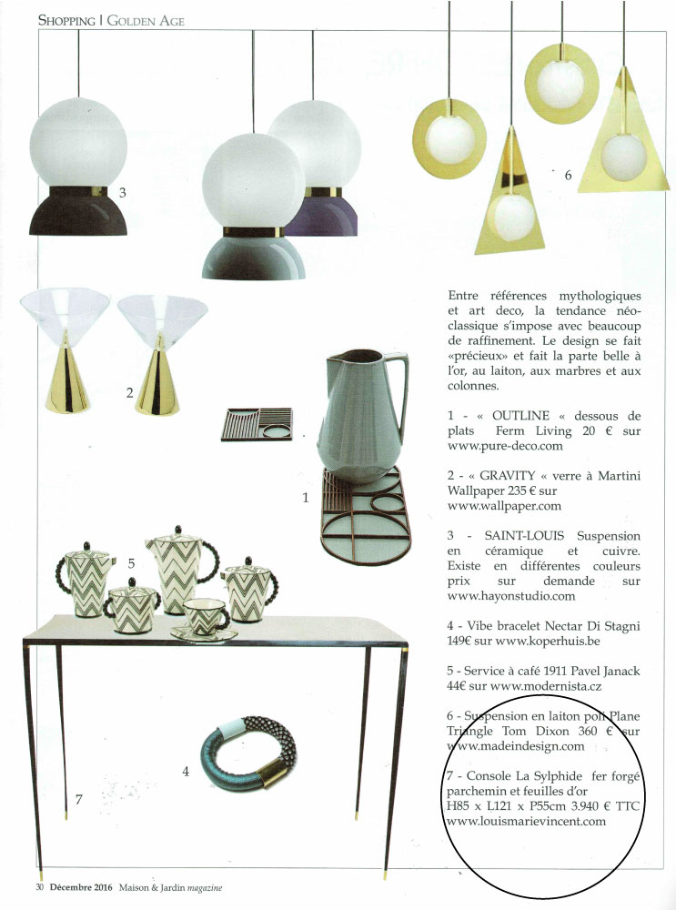 console sylphide parchemin fer forge dorure parchment wrought iron gilding presse catalogue maison et jardin maison louis marie vincent claire vincent ateliers workshops sarthe villaines sous malicorne pays de la loire angers le mans sable la fleche paris