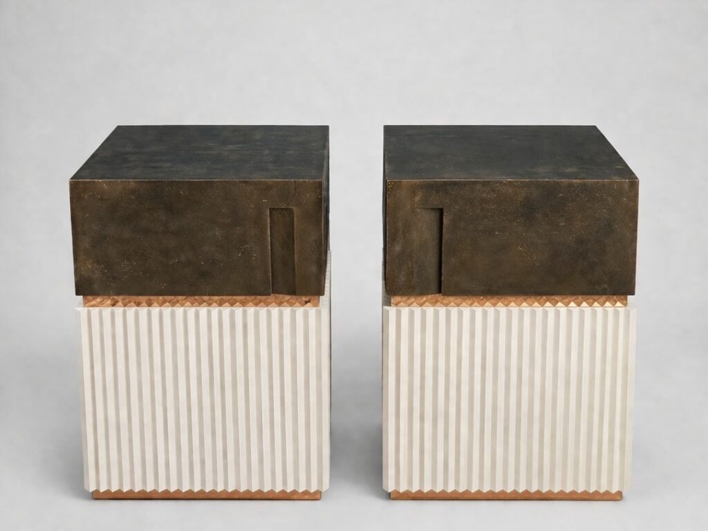 tables de chevet night table table de nuit liege laque dorure or rose cabinet making bespoke furniture elliott barnes interiors ebi paris cork gilding maison louis marie vincent ateliers workshops sarthe villaines sous malicorne la fleche pays de la loire angers le mans paris bordeaux